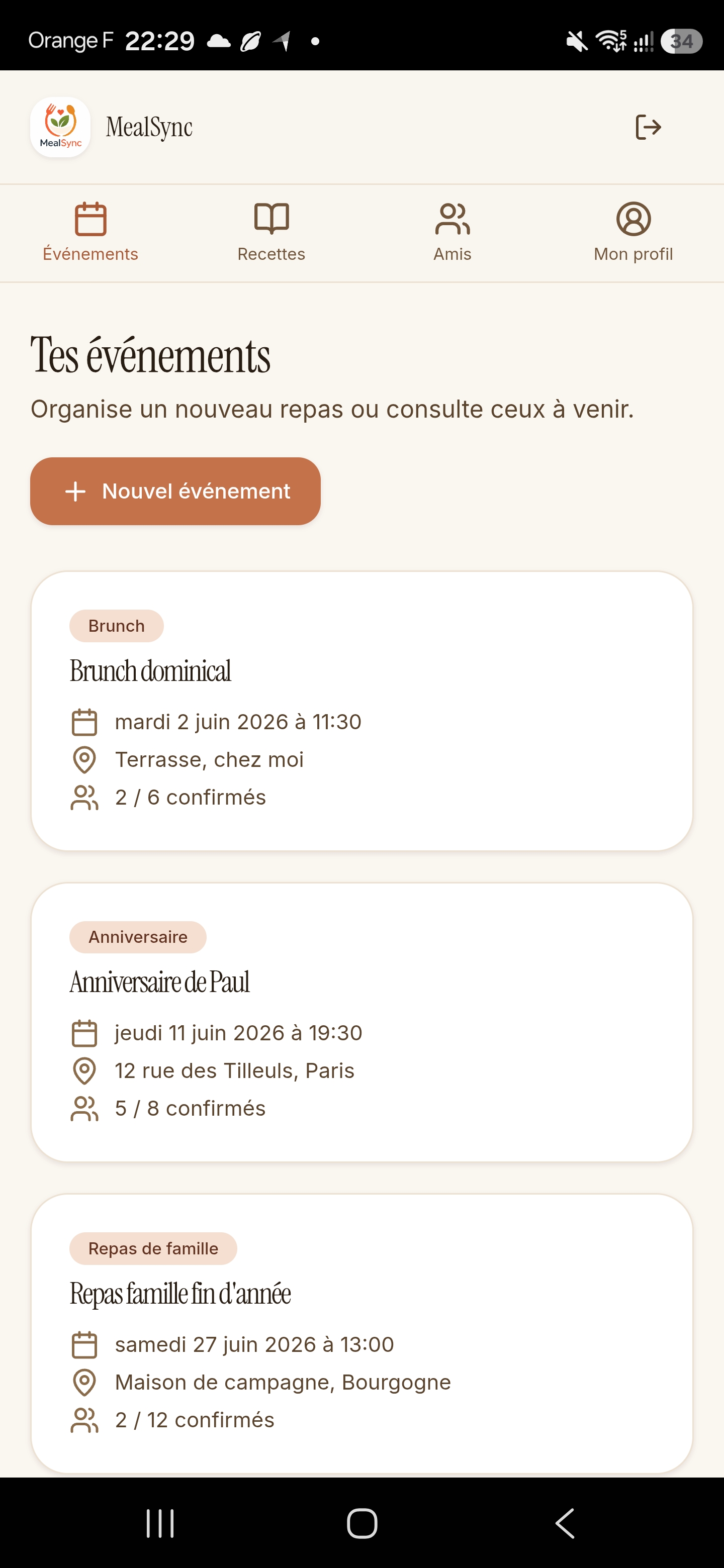 Tes événements en un coup d'œil